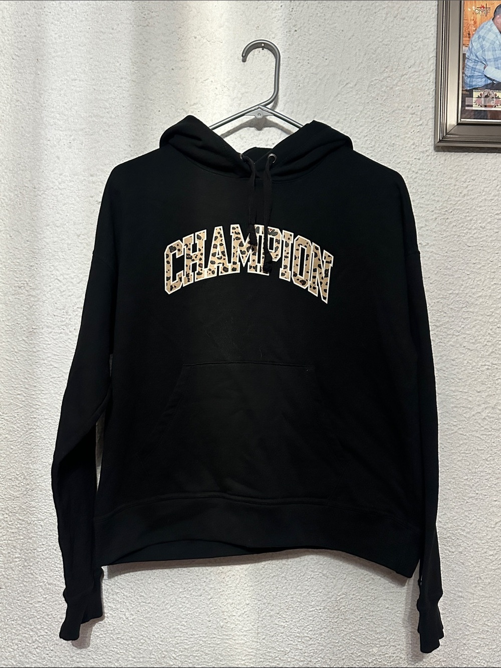 Champion Black Hoodie with Leopard-Pattern Logo